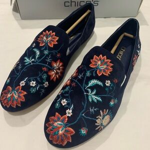 Chico's Dark Blue Floral Embroidered Loafers